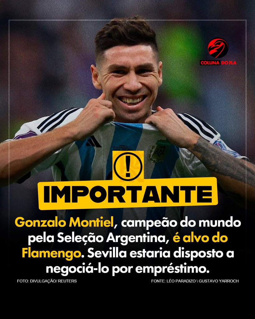 👀 POSSÍVEL REFORÇO Gonzalo Montiel, campeão do mundo pela Seleção Argentina, é alvo do Flamengo. Sevia estaria disposto a negociá-lo por empréstimo. 🗞️ Léo Paradizo