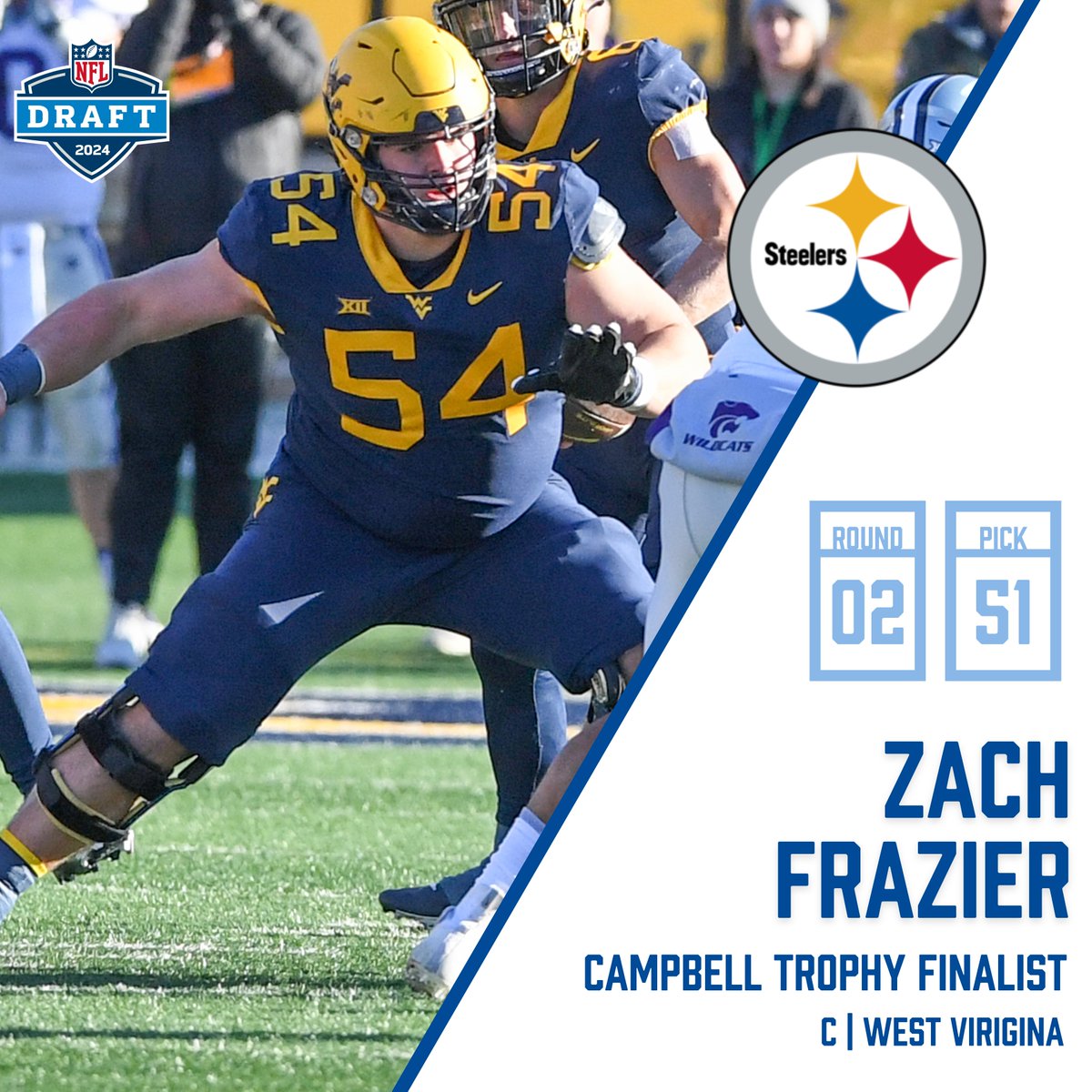 It's official: Zach's in black (and gold)! Congrats to 2023 #CampbellTrophy finalist Zach Frazier on being selected by the Steelers! #HereWeGo