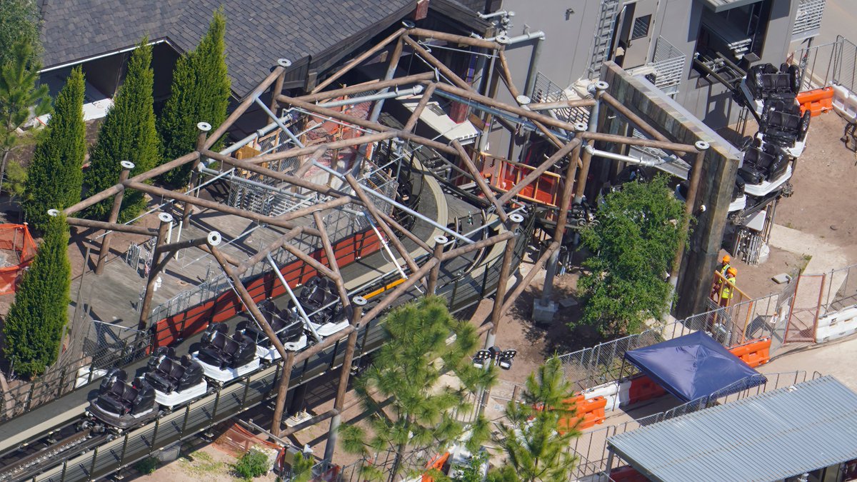 This is likely a rare aerial photo of the track switch of the Curse of the Werewolf roller coaster. Positioned for the service bay spur. This area to be covered in theme tents.