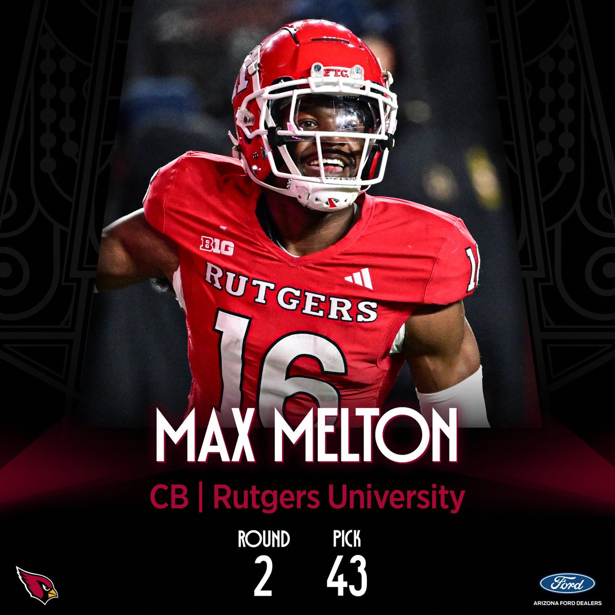 Former @cedar_football star and @RFootball CB Max Melton was drafted by the Arizona Cardinals in the 2nd round of the #NFLdraft 

Congratulations!!