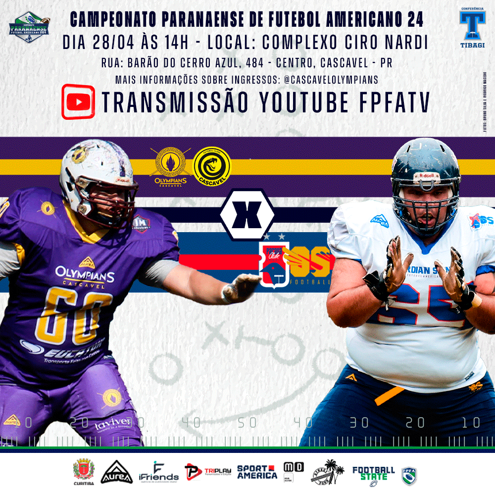 fpfaoficial's tweet photo. Domingo é dia de jogo decisivo e com transmissão no Youtube da FPFA
O Olympians recebe o Paraná Clube Guardian Saints valendo vaga nos Playoffs do PR!
#FPFA #FOOTBALLSTATE #FUTEBOLAMERICANO #INCENTIVOESPORTECURITIBA #INCENTIVOSOLIDÁRIOPMC https://t.co/WZDzVoiudc