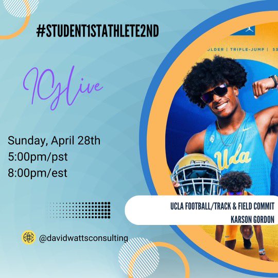 This Sun, April 28th, @UCLAFootball @UCLATrack_Field commit @KarsonGordon24 w/be this week’s guest on the #Student1stAthlete2nd IG Live. Karson is a standout QB & triple jumper out of @EHSHouston . He’ll be sharing his story/talking about his SA experiences. #Student1stAthlete2nd