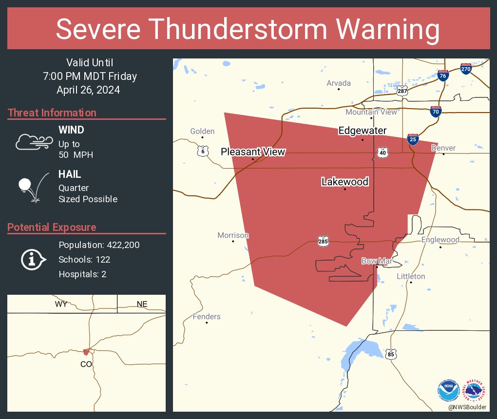 Severe Thunderstorm Warning continues for Lakewood CO, Edgewater CO and  Pleasant View CO until 7:00 PM MDT