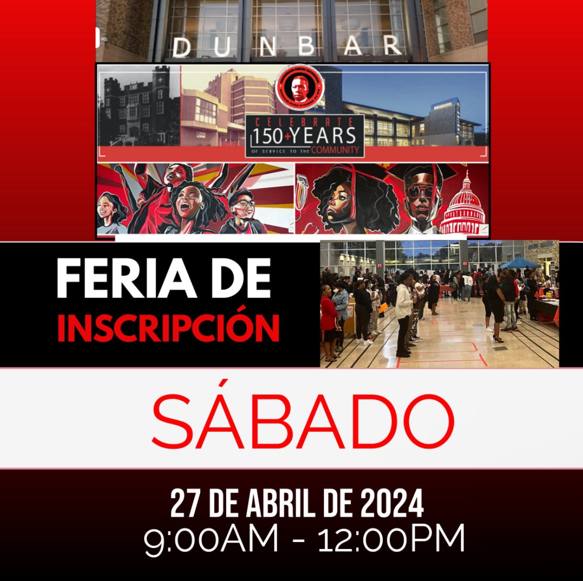 DunbarHSDC's tweet image. Tomorrow (Saturday) is Enrollment Day at Dunbar from 9-12 pm. Current &amp;amp; prospective families may visit Dunbar to Enroll for the 24-25 school year! 🔴⚫️
#EverydayAtDunbar #WeWorkForKids