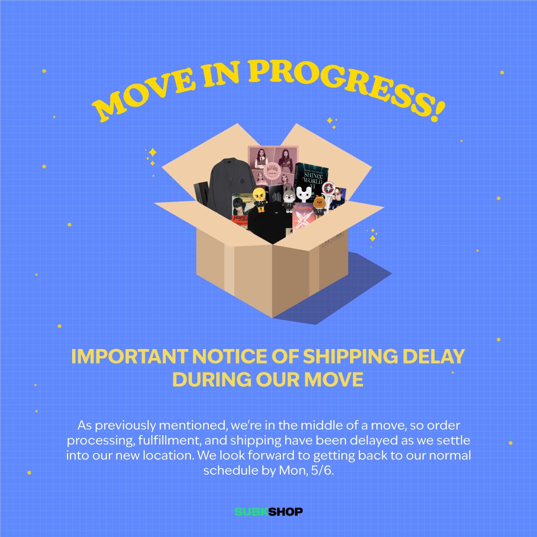 📣 IMPORTANT NOTICE OF SHIPPING DELAY DURING OUR MOVE 📣

Hey SubK Squad~ As previously mentioned, we're in the middle of a move, but here's an update to keep you all in the loop!

Orders placed between Wed, 4/17, 12:00AM PDT~Sun, 5/5, 11:59PM PDT will not begin shipping until