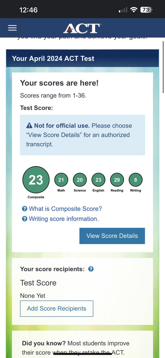 Made a 23 on the ACT first time taking it! Hoping to get the score up a little bit more.@RedDevil_FB_