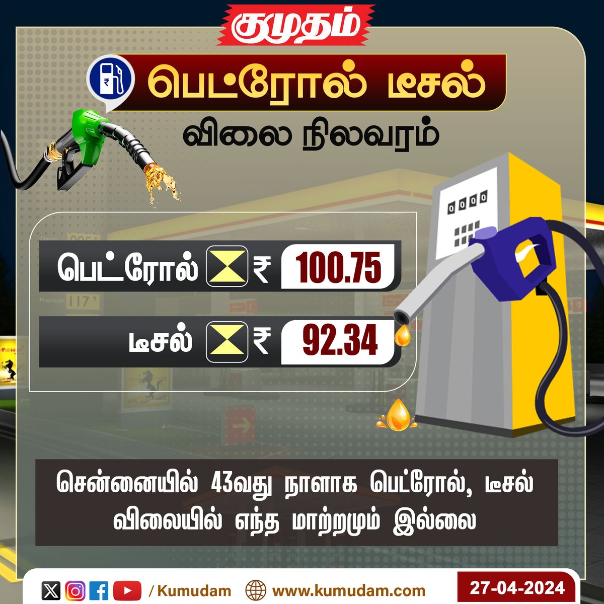 சென்னையில் 43வது நாளாக பெட்ரோல், டீசல் விலையில் எந்த மாற்றமும் இல்லை..!

#PetrolDieselPrice | #Chennai | #kumudam | #fuelprice | #economy | #businessnews | #petrolprice | #petrol | #TodayNews | #NewsUpdate |