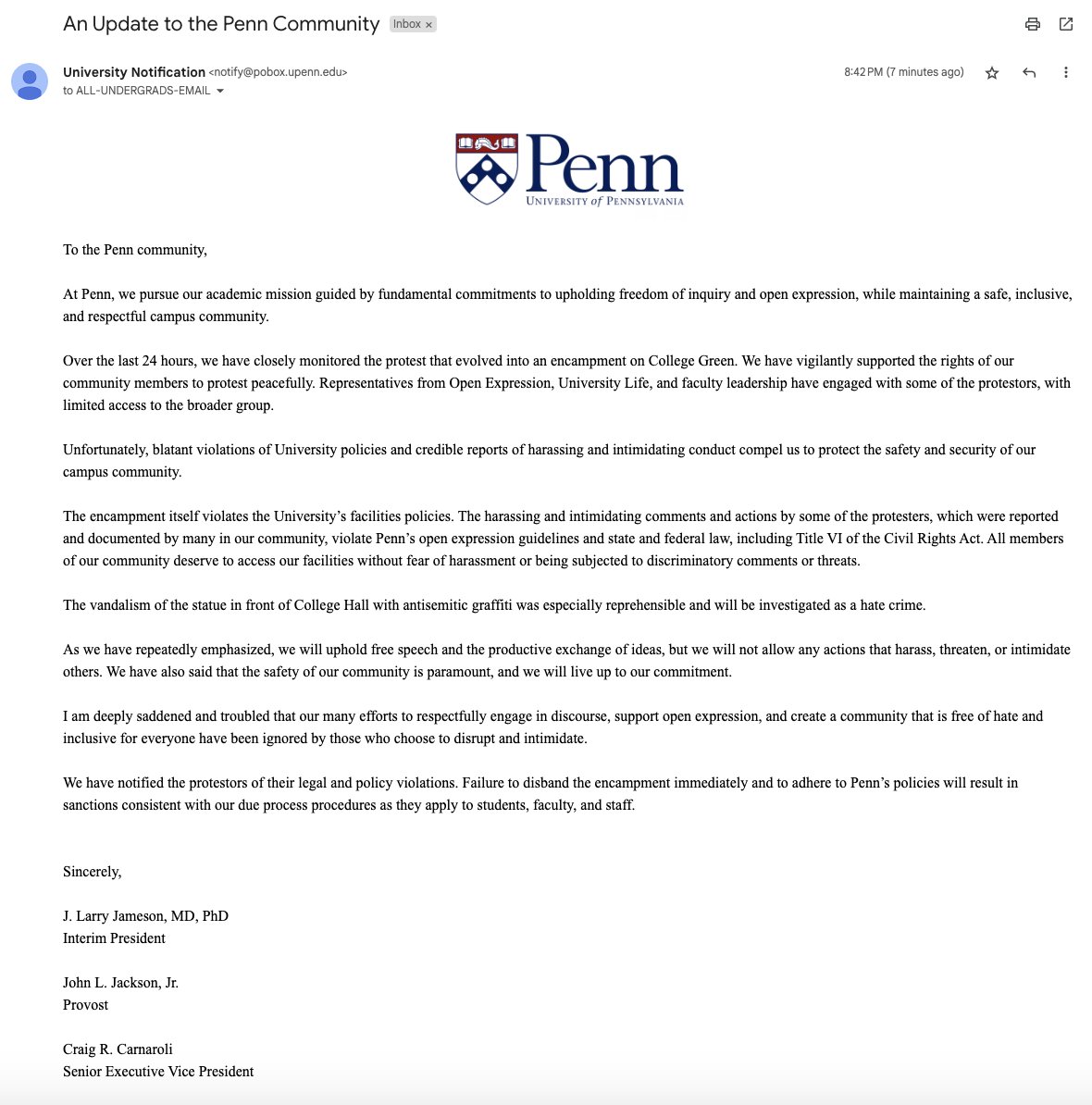 BREAKING: Penn issued its first warning to protesters of legal and policy violations and called on the College Green encampment to disband 'immediately' — the first indication the University is considering action against the pro-Palestinian demonstration. Story TK in @dailypenn