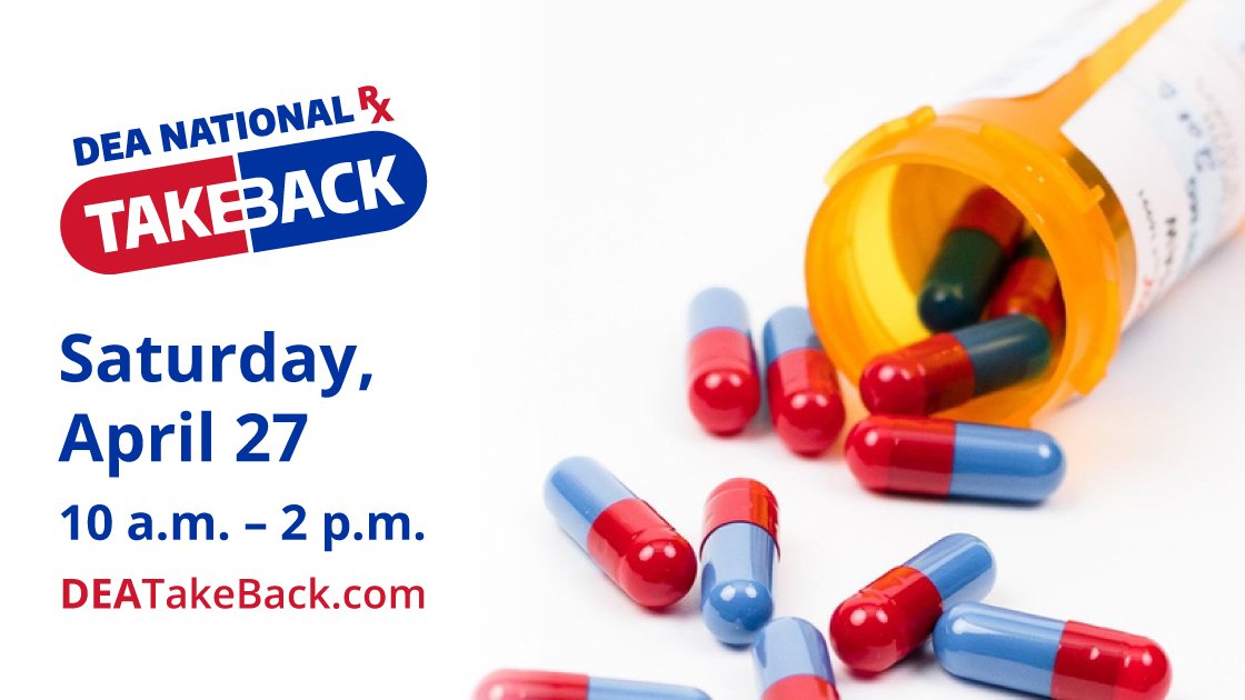 Californians: Saturday, April 27th is prescription drug #TakeBackDay! Safely dispose of your unused, expired, or unneeded medications at a drop off site near you and help protect your loved ones from potential overdose or drug misuse. Find a site: dea.gov/takebackday