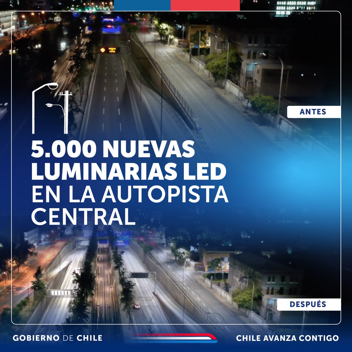 Mejor iluminación y #MásSeguridad! 💡🚨 El recambio de luminarias beneficiará a más de 100 mil automovilistas y a habitantes de 15 comunas de la Región Metropolitana ☑️