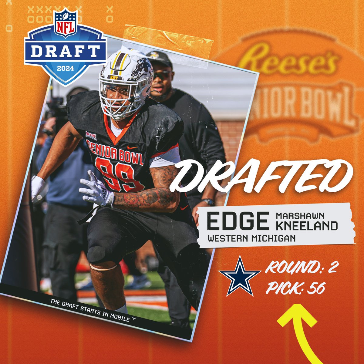 In the second round of the #NFLDraft the @dallascowboys pick Senior Bowl alum @MKneeland99 out of @WMU_Football. #DallasCowboys #TheDraftStartsInMOBILE™️