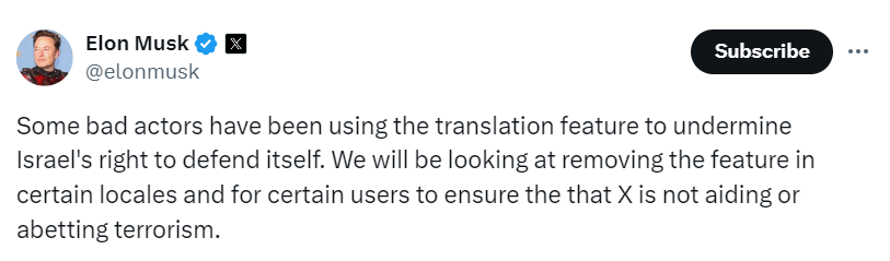 ‼️Elon Musk announces that the translation feature may be removed to prevent people from translating compromising Hebrew language posts celebrating the Gaza Genocide to English.