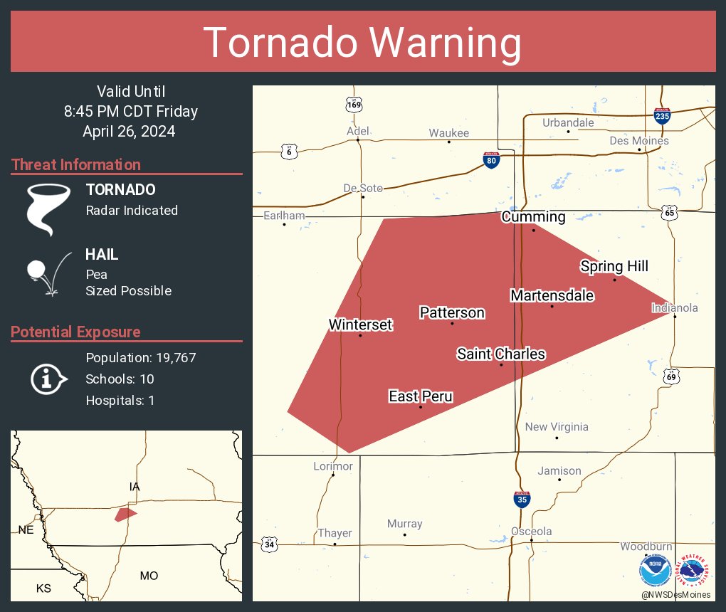 Tornado Warning including Winterset IA, Saint Charles IA and Martensdale IA until 8:45 PM CDT