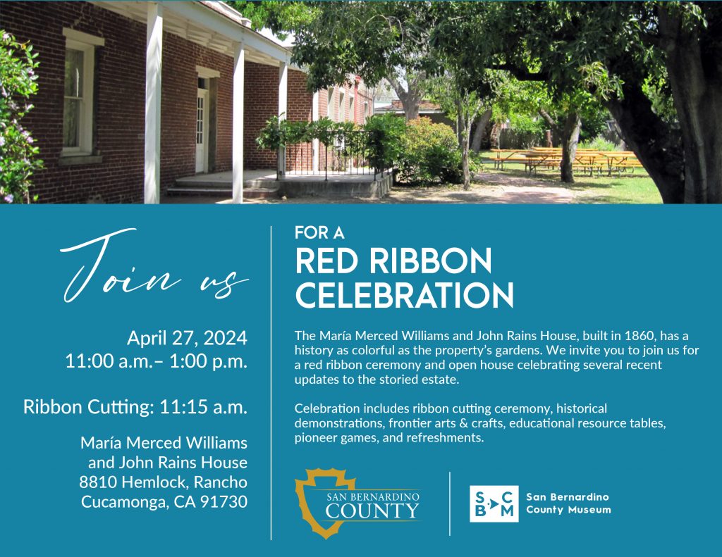 The San Bernardino County Museum will host an open house at the María Merced Williams and John Rains House on Saturday, April 27 at 11 a.m. to celebrate the highly anticipated improvements, including a new roof, interior paint, entrance monuments and parking lot improvements. 🏡