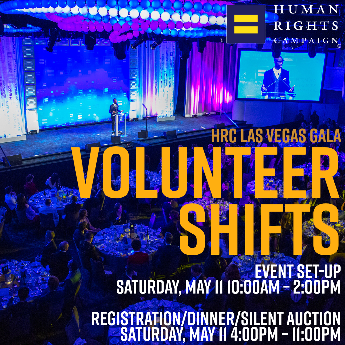 Looking for volunteers to help make the 2024 @HRCLasVegas #Gala a success! Event Set-Up Saturday, May 11 10:00am – 2:00pm Registration/Dinner/Silent Auction Saturday, May 11 4:00pm – 11:00pm hrccommunityhub.org/?nd=community_… #Pride #Equality