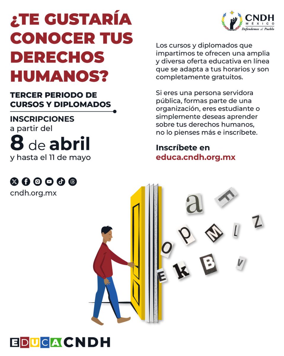 ¿Te gustaría realizar un curso y/o diplomado sobre #DerechosHumanos?  Recuerda que son: 👇🏾 ✔️ Gratuitos ✔️ 100% en línea ✔️ Con valor curricular Inscríbete en 👉 educa.cndh.org.mx  #DefendemosAlPueblo