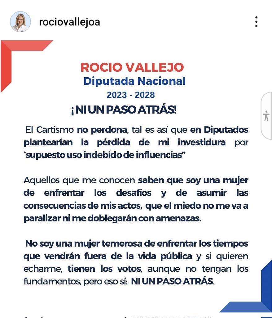 ROCIO VALLEJOS
@RocioVallejoA 
UNA PREGUNTA;
QUE CARAJO TIENE QUE VER HORACIO CARTES CON TU CAGADA?
Y OTRA COSA SI SOS TAN VALIENTE COMO DECIS QUE SOS, POR QUÉ ME BLOQUEAS EL WHATSAPP?
SEGURO QUE AQUÍ TAMBIÉN ME VAS A BLOQUEAR.
VALIENTITA!
SI SOS VALIENTE ASUMI TU MIERDA NOMÁS.