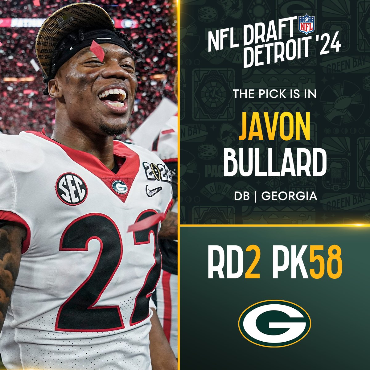 With the No. 58 overall pick in the 2024 @NFLDraft, the @Packers select Javon Bullard! 📺: #NFLDraft on NFLN/ESPN2/ABC 📱: Stream on #NFLPlus