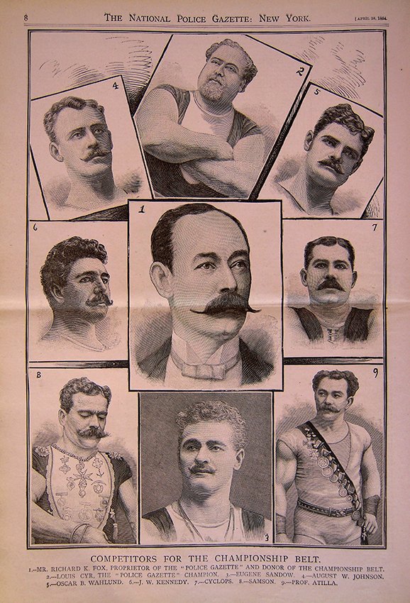 #OTD in @PoliceGazette 1894: Gazette publisher Richard K Fox, center, with the men who would compete for the Police Gazette Champion Strong Man of the World Belt. Current Champ Louis Cyr is top.