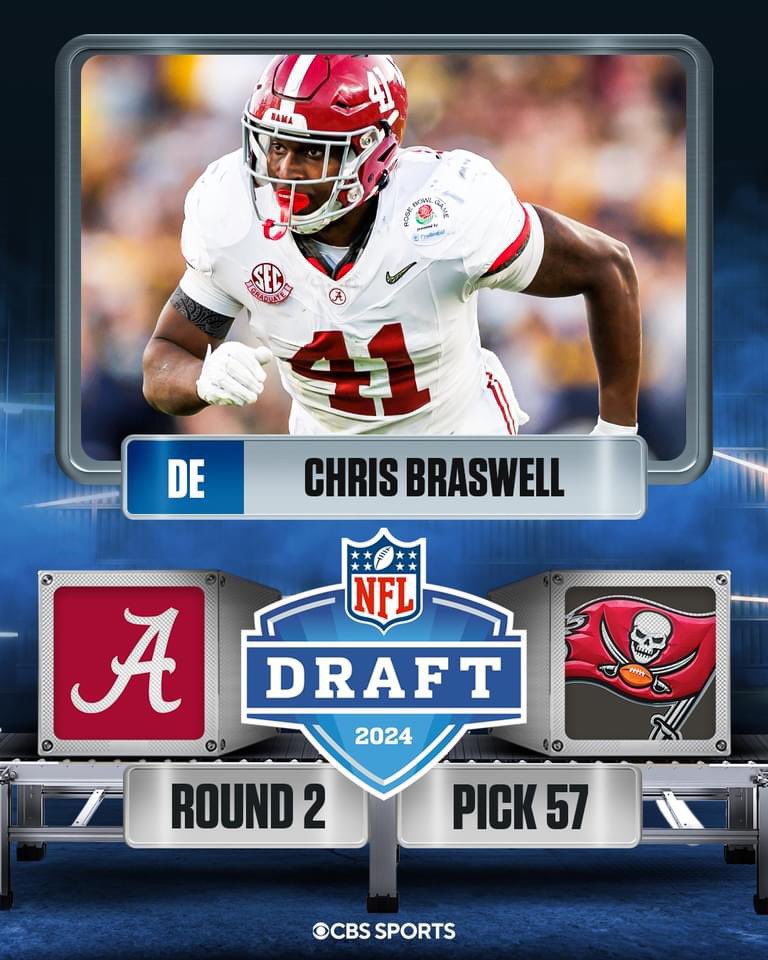 Congratulations to Chris Brasswell…Drafted by The Tampa Bay Buccaneers..They definitely got a stud !!!

#RollTideRoll
#BuiltByBama
#MakeTheirAssQuit
#LANK