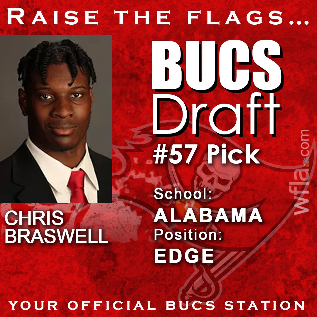 THE PICK IS IN! In the second round of the NFL Draft, the Buccaneers selected Alabama EDGE Chris Braswell. 8.wfla.com/3WbI4Gs
