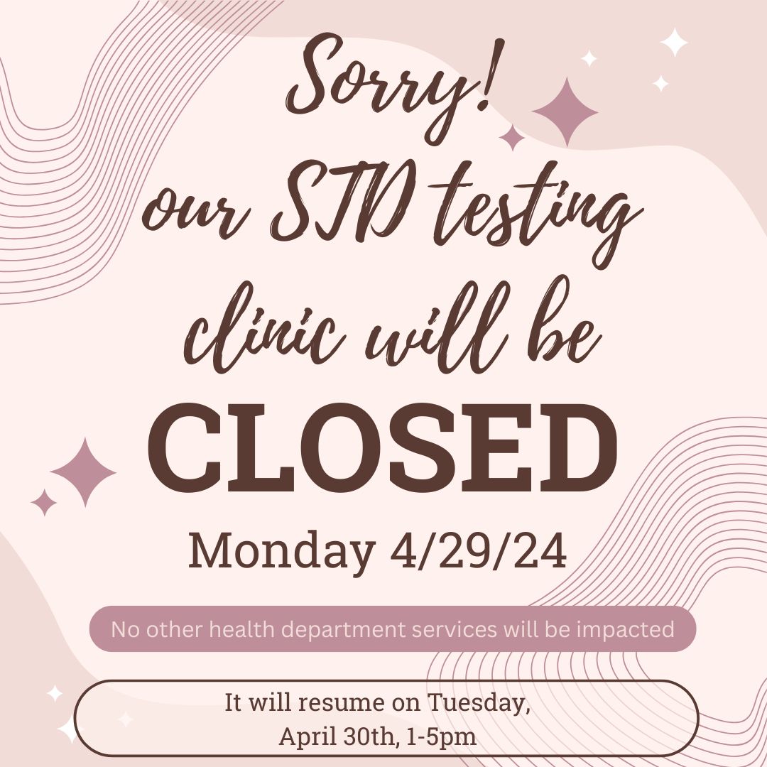 1/2 @HealthHoco's STD Testing Clinic will not be open on Monday, April 29th. 
Testing and treatment will resume as regularly scheduled on Tuesday, April 30th. 

#STDTesting #STITesting #PublicHealth #TestingServices
