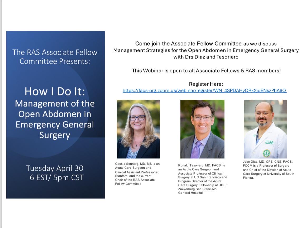 Hear from the experts on how to manage the open abdomen in emergency general surgery, next Tues 4/30 at 5 CT. Sign up here: facs-org.zoom.us/webinar/regist… ⁦@CassieSonntag⁩