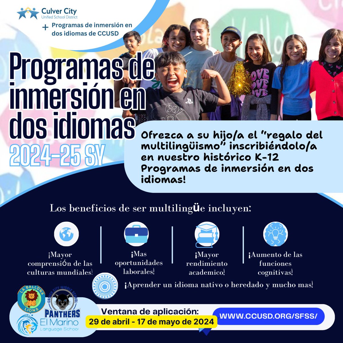 The application window for CCUSD's popular Dual Language Programs will be open Monday, April 29- Friday, May 17. Visit ccusd.org/sfss/ for more information.