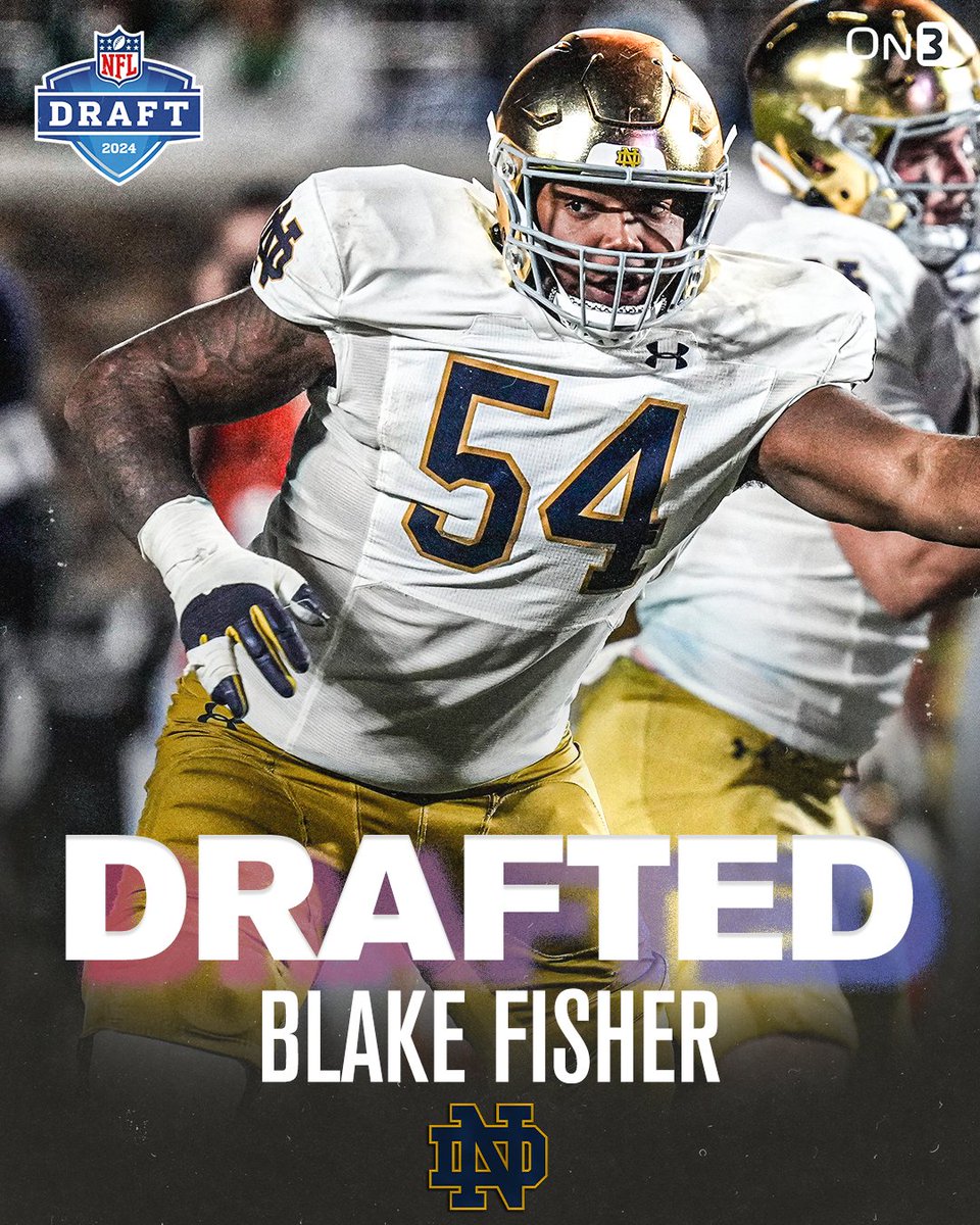 Offensive line university strikes again. The Houston Texans selected former Notre Dame tackle Blake Fisher with the No. 59 overall pick in the second round of the NFL Draft. @jacksoble56 with more on Fisher: on3.com/teams/notre-da…