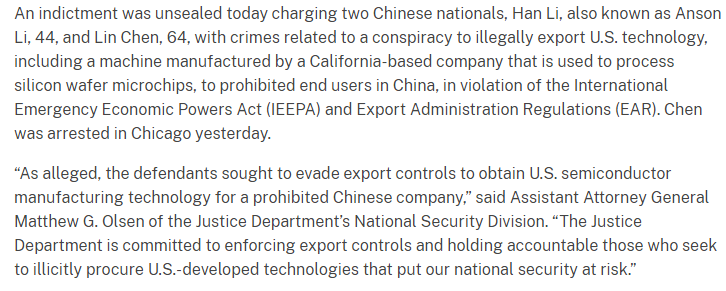 Office of Public Affairs | Chinese National Arrested in United States for Alleged Scheme to Illegally Export Semiconductor Manufacturing Machine | United States Department of Justice.