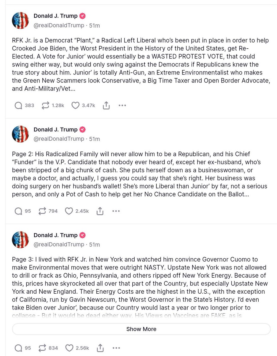 Trump who is definitely not worried about RFK posted about him three times.