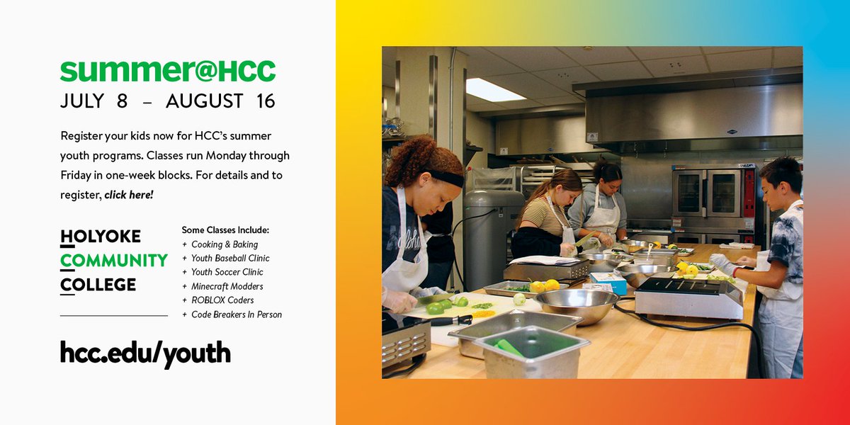 🌟 This summer, turn curiosity into creativity with HCC's youth programs in #HolyokeMA! Cooking, coding, sports & more for kids 8-17. More info: conta.cc/3UBBEiL

#WesternMass @HolyokeCC
