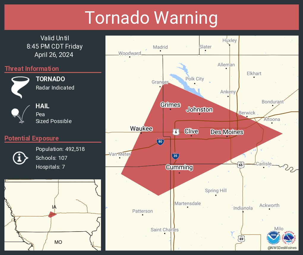 Tornado Warning including Des Moines IA, West Des Moines IA and Urbandale IA until 8:45 PM CDT