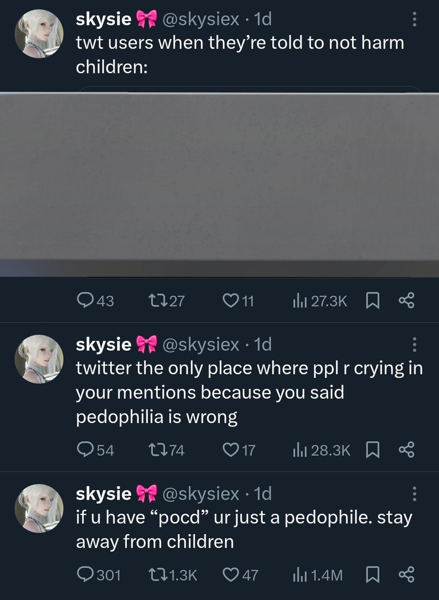 Perfect example of how these people always claim they said something completely different as soon as they get backlash

went from 'if you have pocd you're a pedophile' to 'but i just said pedophilia is wrong!' to 'but i just said you shouldn't harm kids!'