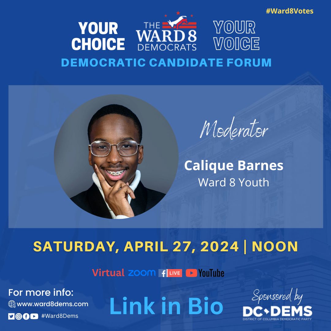 We welcome @CaliqueMin, a Ward 8 high school student, as the moderator of today's candidates' forum for At-Large Council, Shadow US Senate, and Shadow US Representative. 📅 Today at Noon 💻us02web.zoom.us/webinar/regist… #ward8votes #ward8 #DCision24