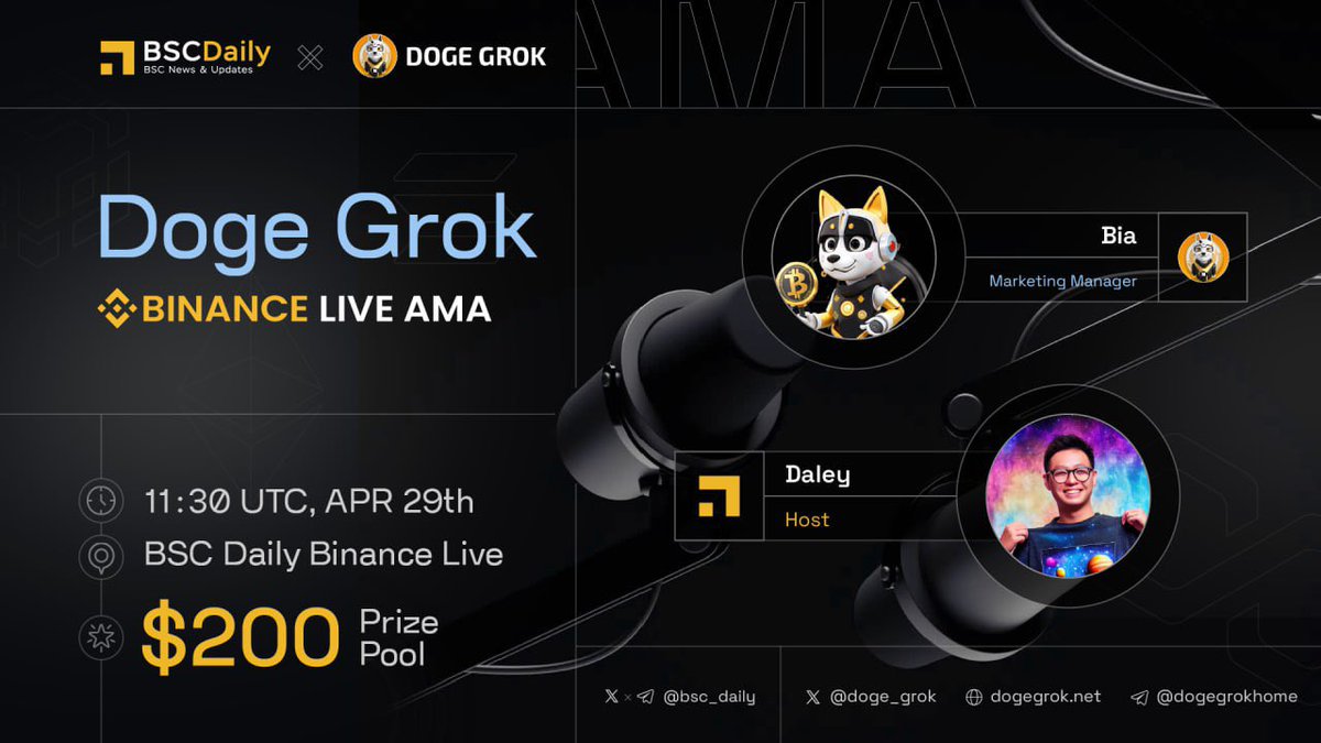 We're excited to host a #BinanceLive AMA with @doge_grok 

🗓 Date: Apr 29th, 11:30 UTC

📍 Venue: binance.com/en/live/video?…

💰 Prize Pool: $200 ⬇️

1️⃣ Follow @doge_grok 
2️⃣ Ask questions!
3️⃣ Like & RT

#Sponsored