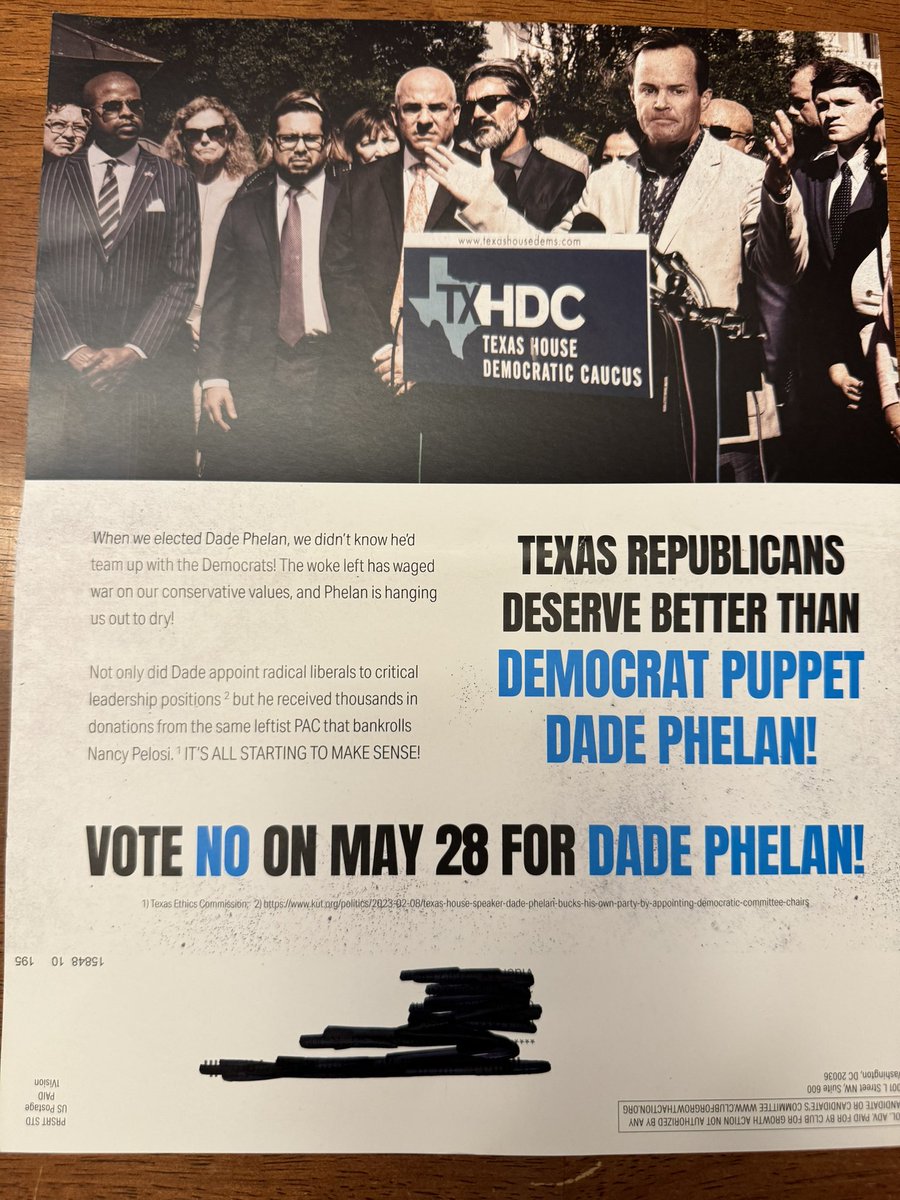 .@club4growth dropped a mailer in #HD21 w/ a photoshopped image of @DadePhelan with @SpeakerPelosi. #txlege