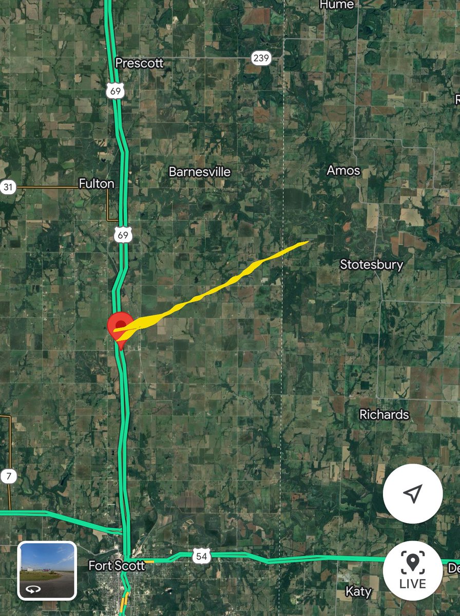 The Tornado left a path of debris from KC Mart 2191 Soldier Rd, Fort Scott, KS 66701 tracking Northeast. The mart is okay it crossed behind it. It looked like it mainly hit barns and out buildings, we did not notice any homes hit when we drove around. ​⁠@NWS #Tornado