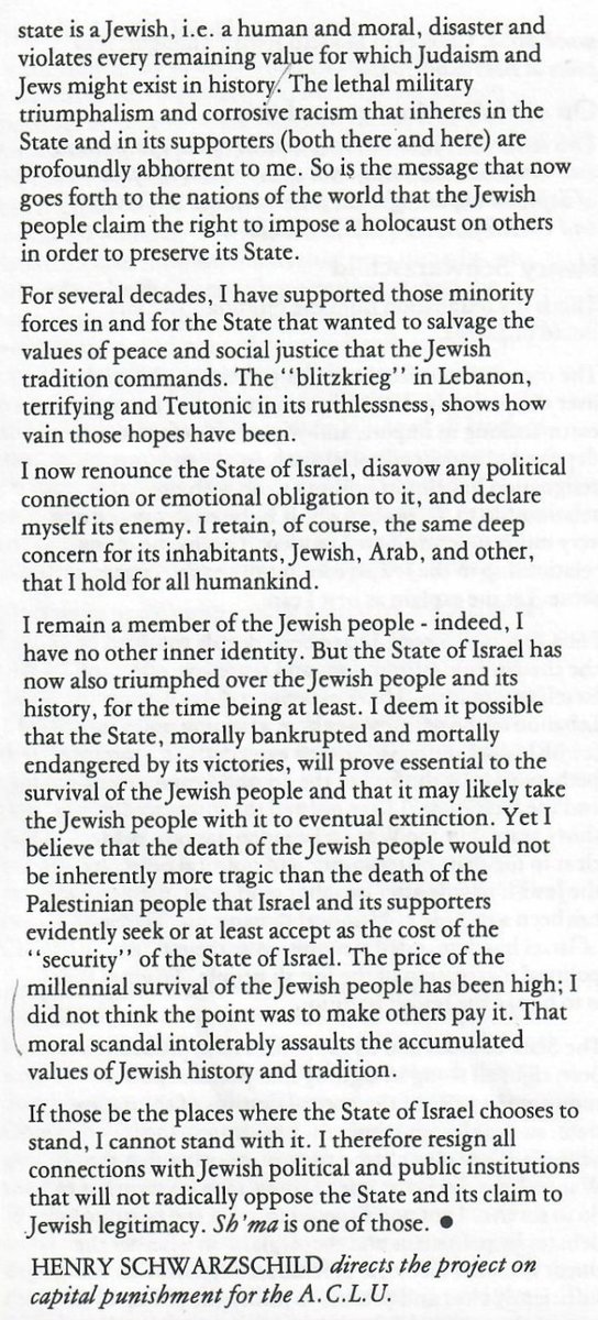 I was sent this extraordinary letter by Henry Schwarzchild resigning from the small journal Sh'ma during the Lebanon War in 1982. It echoed the many notes I've received since 10/7 of people narrating their resignation from Jewish institutions. Felt like finding an ancestor.