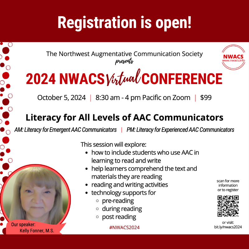 Registration is open for the 2024 NWACS Virtual Fall Conference!

nwacs.info/2024-nwacs-fal…

#NWACS2024 #AAC #AACandLiteracy #LiteracyForAll #AugComm #AssistiveTechnology #AACeducator #AACslp #AACparent #AACteacher #AACuser