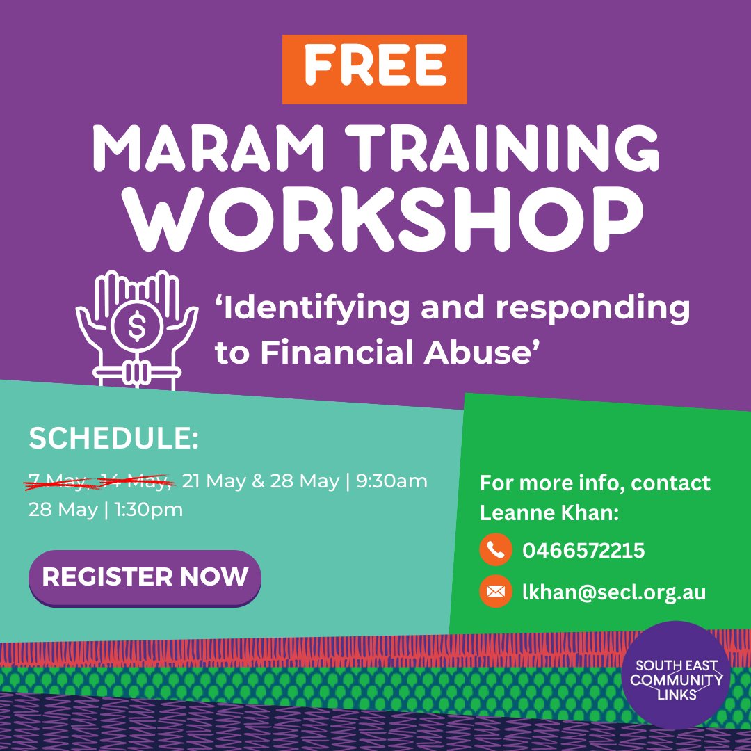 SECL is thrilled to offer a Free MARAM Training Workshop. This workshop is specifically designed to help @VicGovDFFH frontline workers recognise and address #financialabuse within the broader framework of #familyviolence. 🔗Register now: form.jotform.com/232541092903855