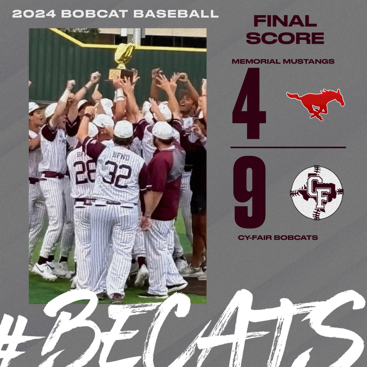 💥DISTRICT CHAMPS💥 Varsity beats Memorial 9-4 & claims the 2024 17-6A District Championship! @DylanRostron1 got the win on the mound & @isaac_robles21 hit his 3rd 💣 of the year! #beCATS | #BFND | 🐾⚾️