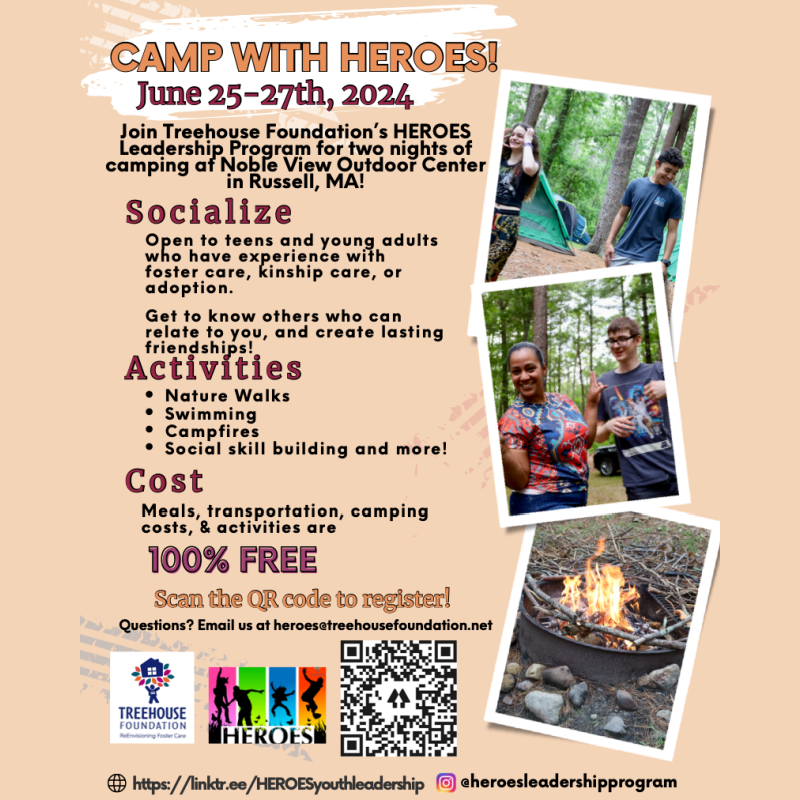 🌟 Join #HEROESCamping for a unique outdoor experience, tailored for teens with backgrounds in foster care. Build bonds, enjoy nature, and create memories. June 25-27 in #RussellMA. More info: ➡️ conta.cc/3JAhHT9

#WesternMass #Hilltowns #FosterCare @Treehouse_Fdn