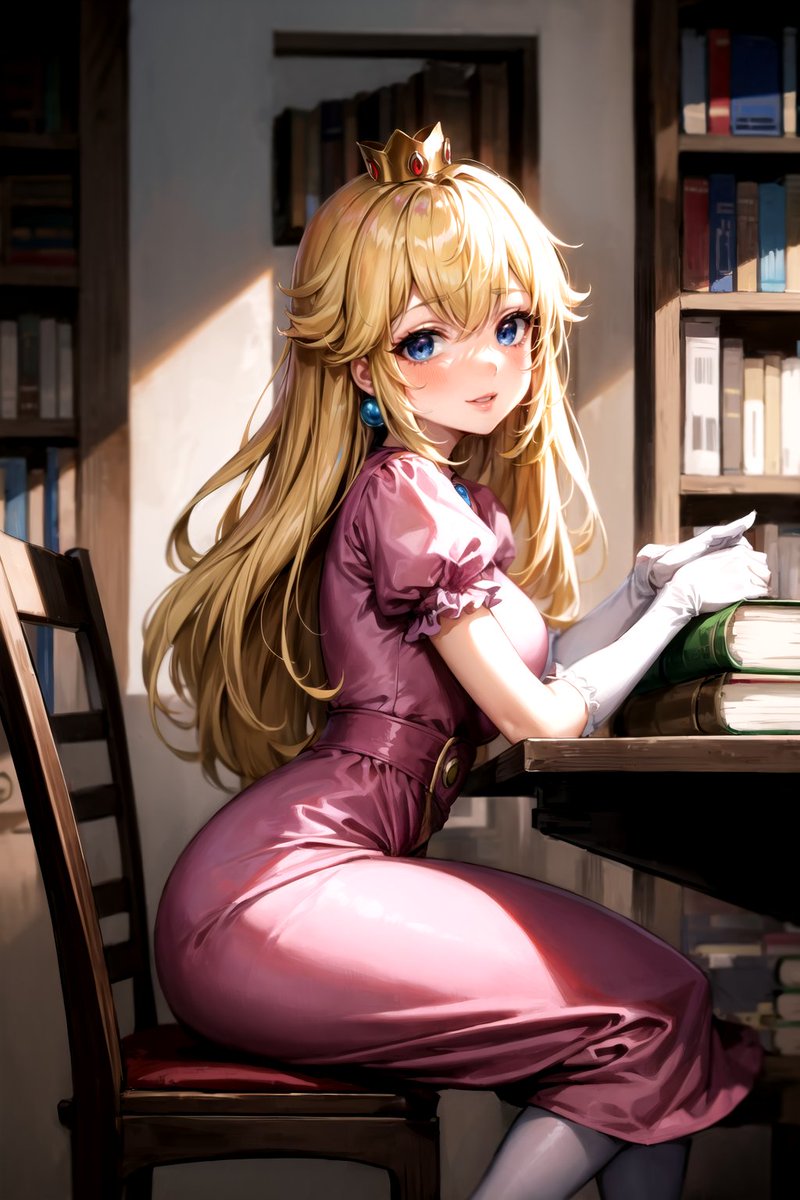 4月30日：ピーチ姫（#図書館記念日）
おはようございます🍑
皆さんは図書館へ行かれますか？
私は小さい頃からあまり利用する方ではなかったのですが、ここ数年は訳あって時々利用させていただいています📖
無償で本を読んだり借りるできるって、よく考えると凄いことですよね❣️
#AIart #毎日ピーチ姫