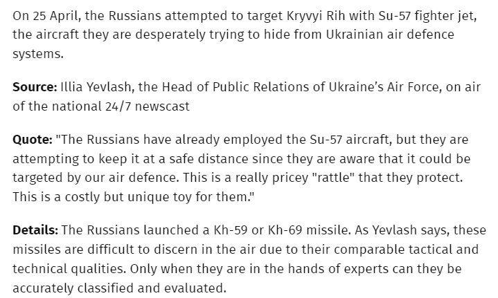 Illia Yevlash, the Head of Public Relations for Ukraine’s Air Force, said a Russian Su-57 fighter launched a Kh-59 or Kh-69 missile at Kryvyi Rih yesterday. pravda.com.ua/eng/news/2024/…