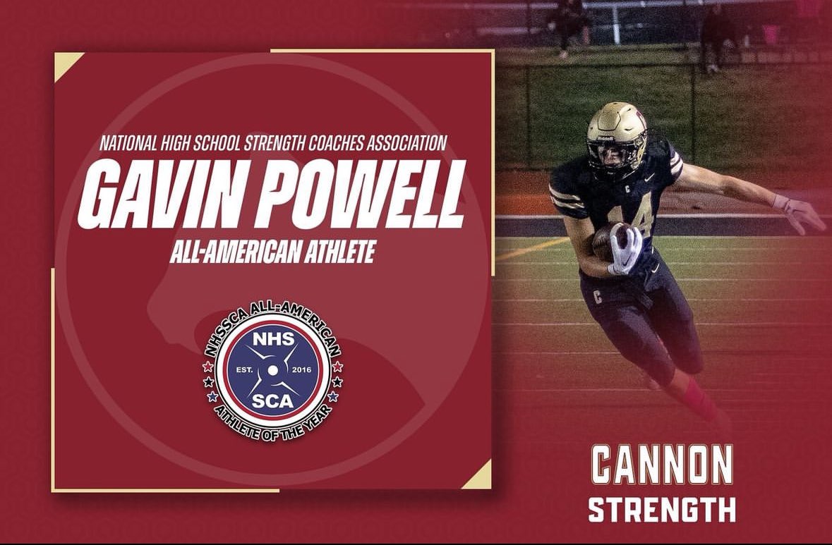 It is an honor to be named an All-American Athlete by the National High School Strength Coaches Association! Huge thanks to my teammates and coaches for pushing me along the way. @CannonStrength @CannonAthletics