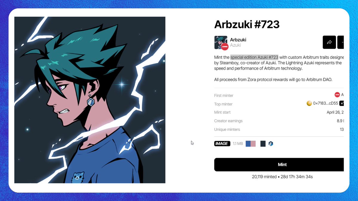 💥 Mint Special edition #Azuki #723 Officially by Azuki | Don't Miss 🚀

👀Azuki Official NFT Worth 5 ETH
✅I Believe this Free NFT will Worth Something too

➡️ Go here: zora.co/collect/arb:0x…
🔹Mint with #Arbitrum or Zora Chain

Benefits to Using Zora Platform 🪂

⛓ ZORA L2…