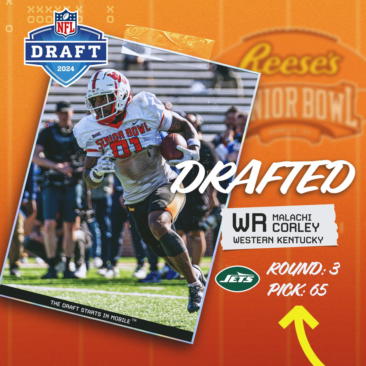 The Pick Is In! The @nyjets have selected Senior Bowl alum @CorleyMalachi out of @WKUFootball. #JetUp #TheDraftStartsInMOBILE™️