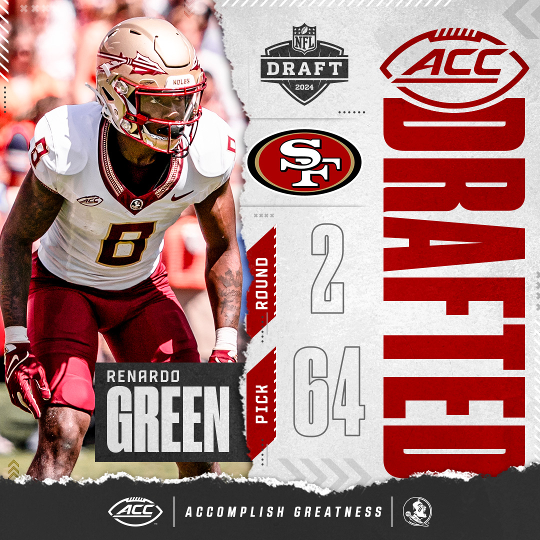 ⭐️ 𝗗𝗥𝗔𝗙𝗧𝗘𝗗 ⭐️ The @49ers select Renardo Green at pick No. 64! @FSUFootball x #AccomplishGreatness x #NFLDraft