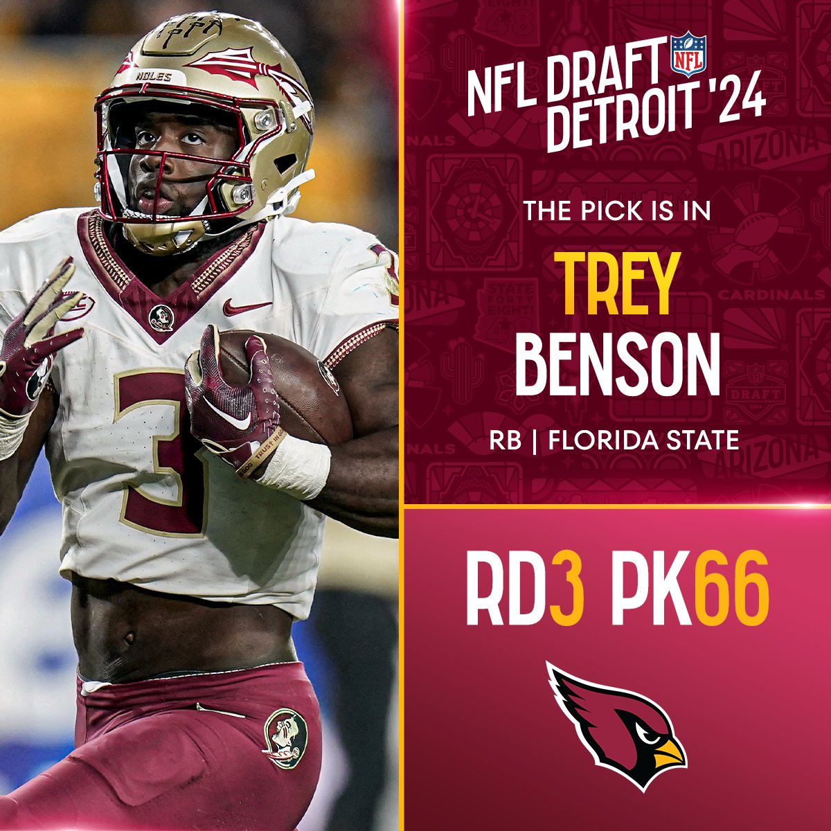 With the No. 66 overall pick in the 2024 <a href="/NFLDraft/">NFL Draft</a>, the <a href="/AZCardinals/">Arizona Cardinals</a> select Trey Benson!

📺: #NFLDraft on NFLN/ESPN2/ABC
📱: Stream on #NFLPlus